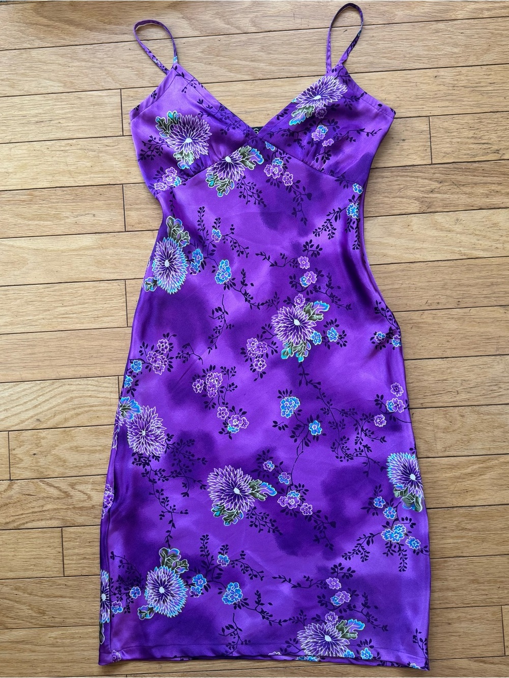 Vintage Y2K Purple Satin Asian-Inspired Floral Slip Dress | S